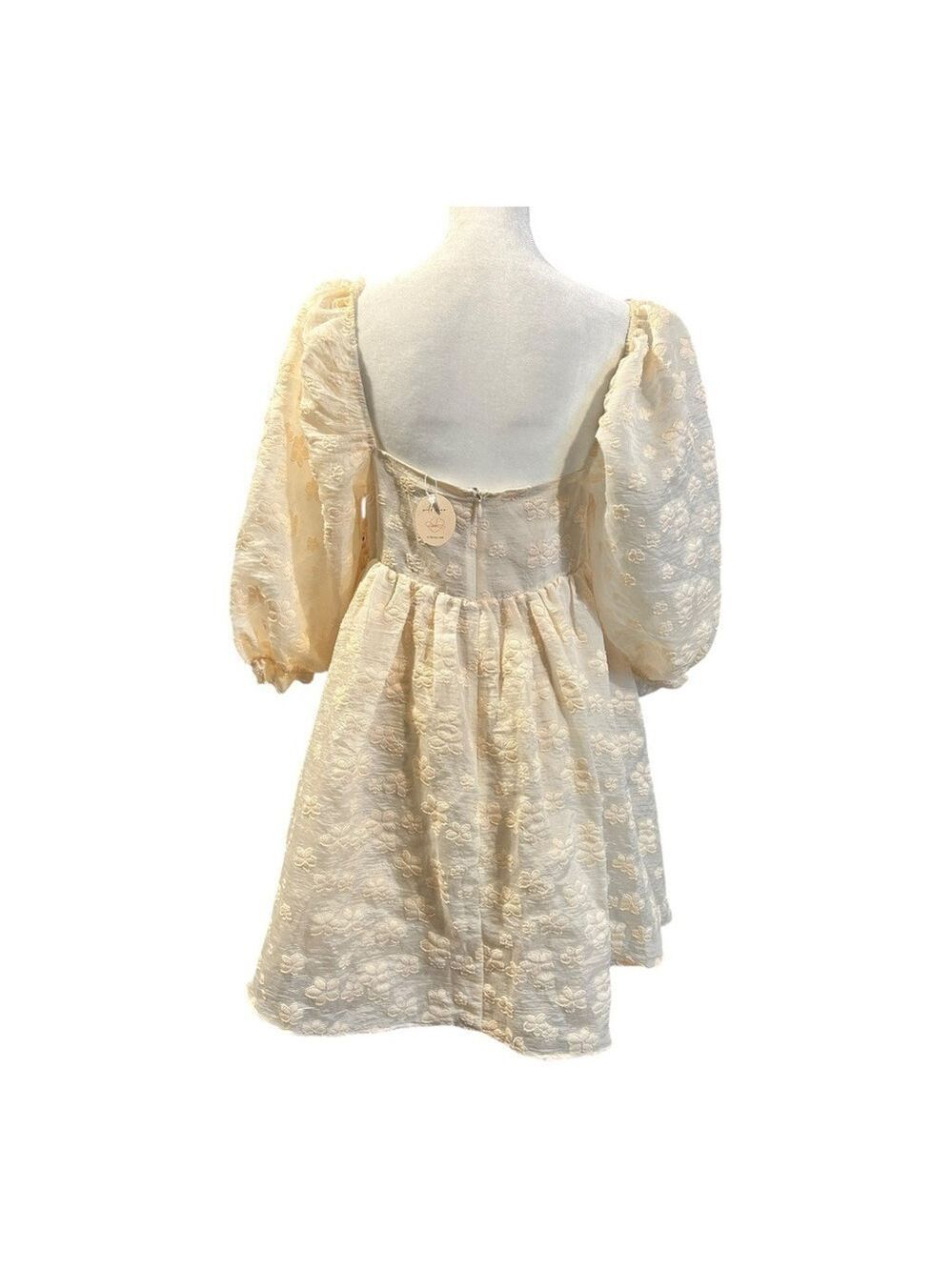 STORIA Baby Breath Baby Doll Cream Floral Appliqué Puff Sleeves Mini Dress NWT M - Picture 9 of 10
